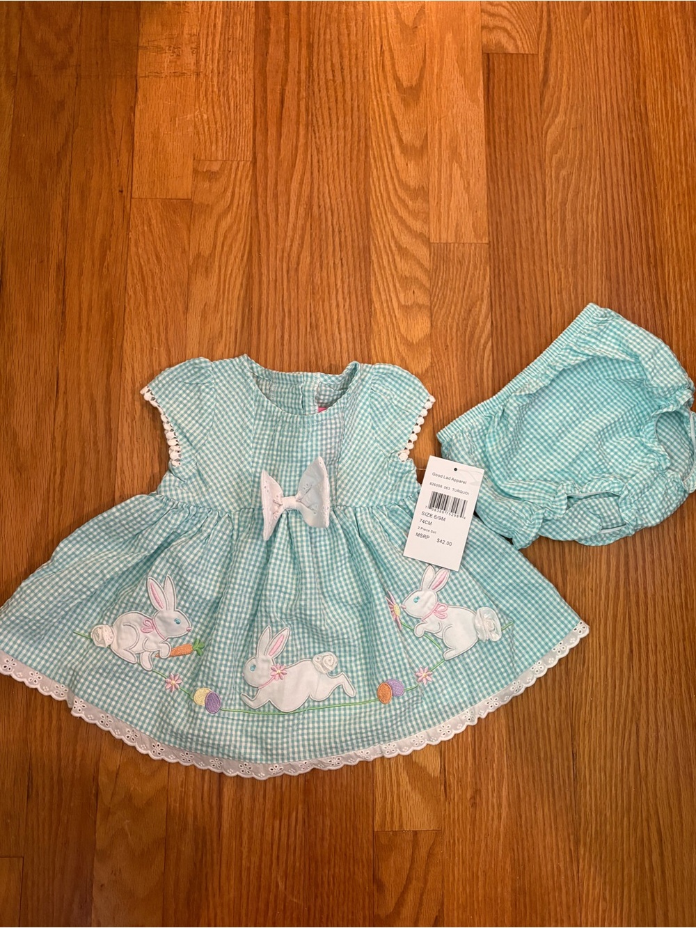 Good Lad Mint Green Gingham Bunny Appliqué Dress with Bloomer